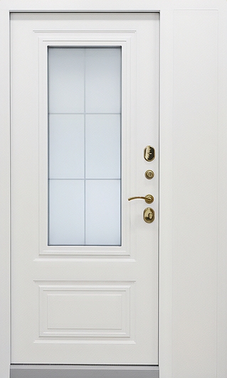 Входная белая термодверь с боковой вставкой, стеклом, карнизом и металлобагетом (полимерная покраска и МДФ RAL)