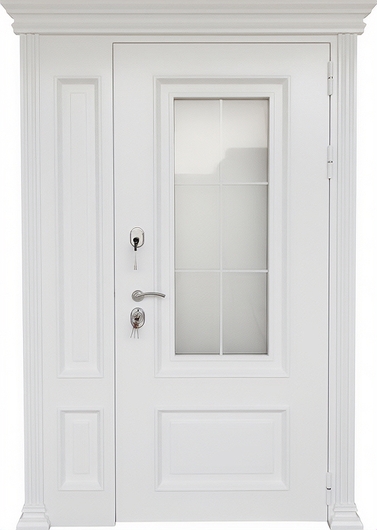 Входная белая термодверь с боковой вставкой, стеклом, карнизом и металлобагетом (полимерная покраска и МДФ RAL)
