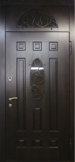 Термодверь с МДФ, фрамугой, стеклопакетами и коваными решетками Термодверь с МДФ, фрамугой, стеклопакетами и коваными решетками